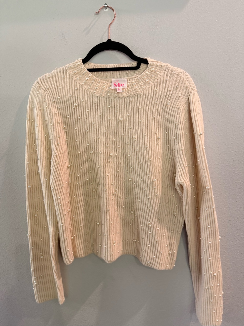 ME Makeover Essentials Cream Pearl-Trim Ribbed Crew Sweater